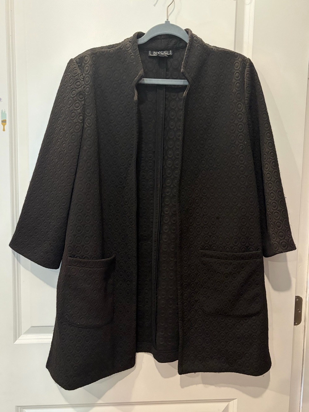 New York & Co Black Textured Open Front Coat with shoulder pads